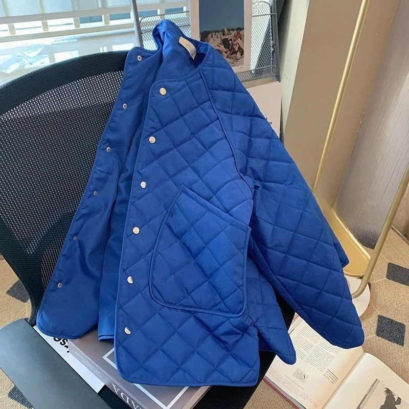 

Oversize Vintage Elegant Blue Argyle Coat Women Autumn Winter Thicked Warm Jackets Parkas Korean Style All-match Tops Mujer