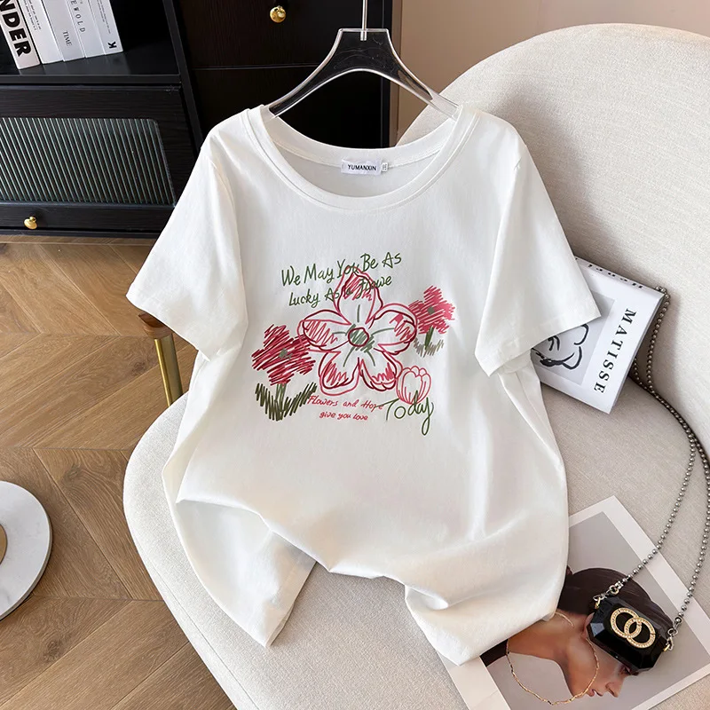 170Kg Plus Size Women's Bust 170 Summer Loose Print T-Shirt Short Sleeved Round Neck Top Black White 6XL 7XL 8XL 9XL 10XL 11XL