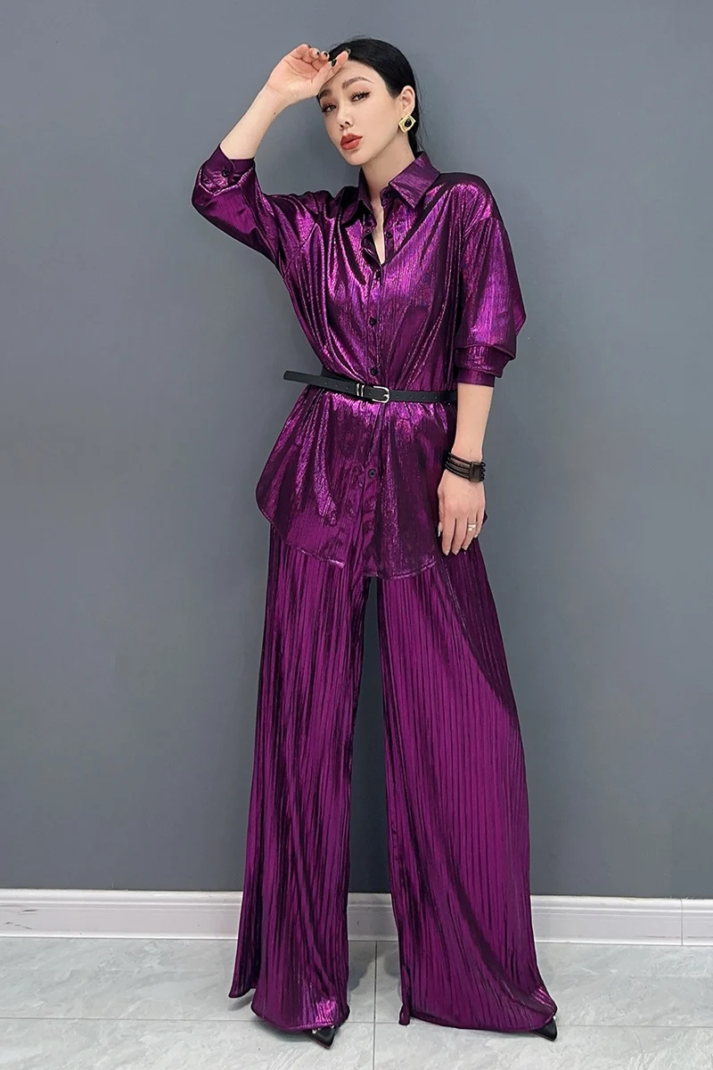 2024 Autumn New Women Set Bright Folds Long Shirt Wide Leg Pants Two Piece Set Casual Fashion Clothes J391