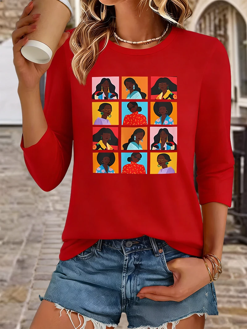 Women Summer Crew Neck 3/4 Sleeve T Shirt, 12 Grid Black Women Portrait Art Print, Empowerment Soft Daily Casual Tee for Ladies