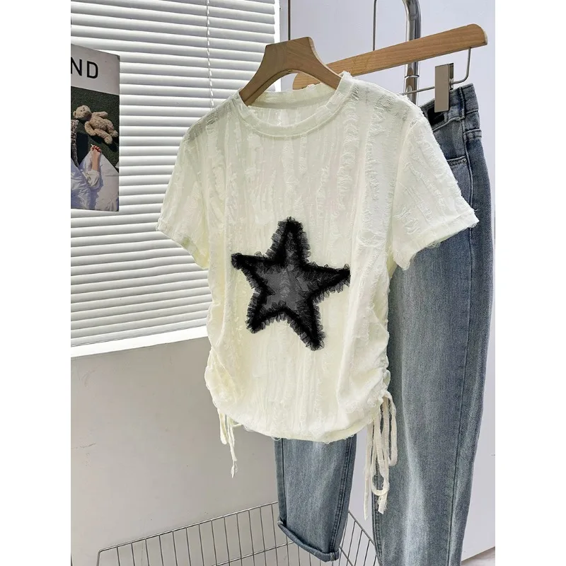 Summer New Slim Fit Drawstring Pleated Versatile Five-pointed Star Patch Versatile Hole Trendy Short-sleeved T-shirt