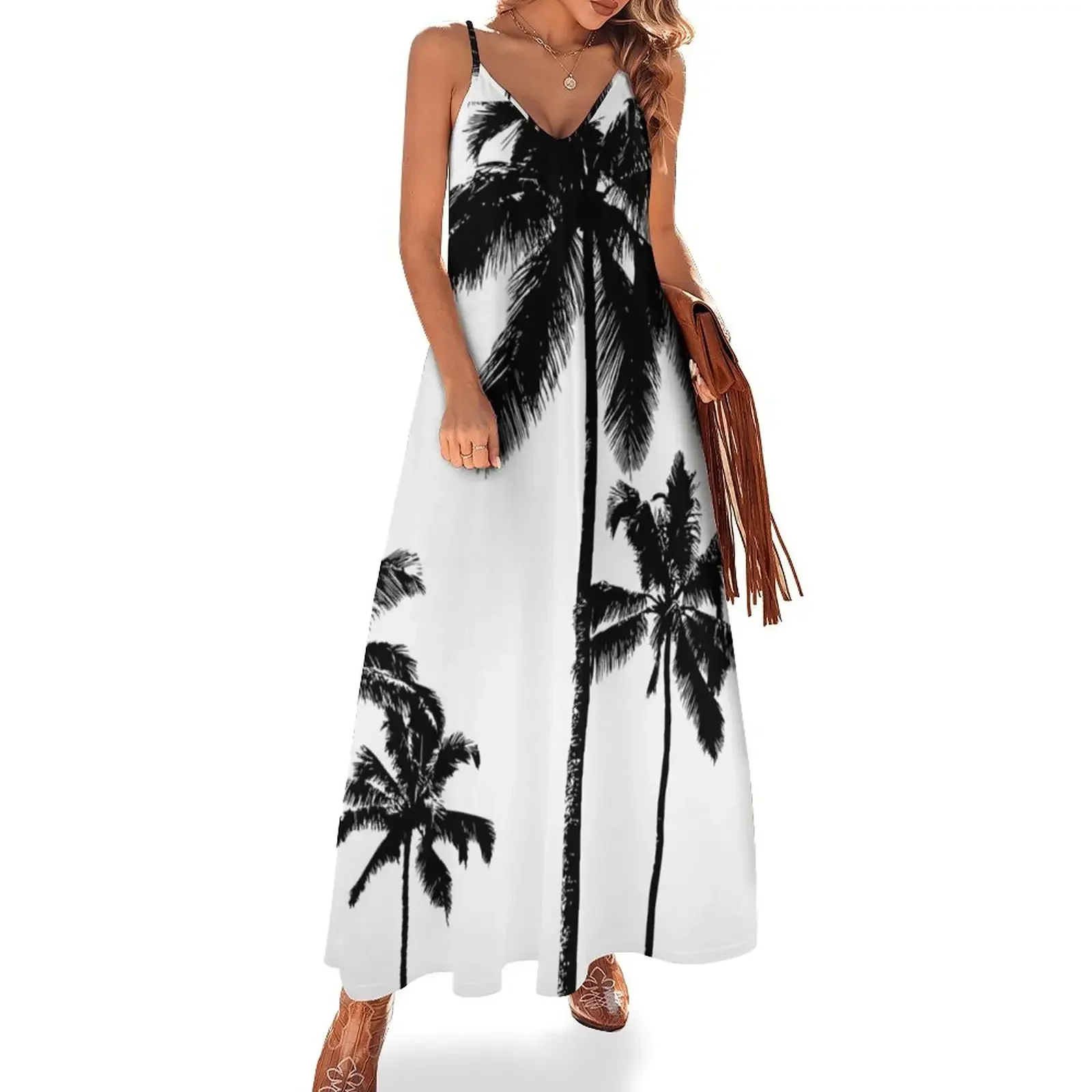 Tropical palms in monochrome Sleeveless Dress Long dress cute dress womens clothing festival outfit women