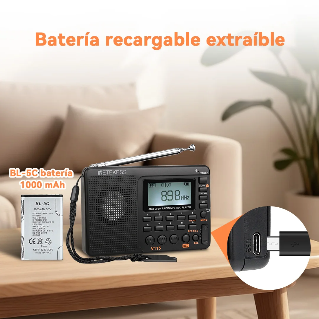 RETEKESS V115 Radio portátil recargable, radio AM/FM/SW multifuncional con receptor de largo alcance y sonido nítido ideal para acampar