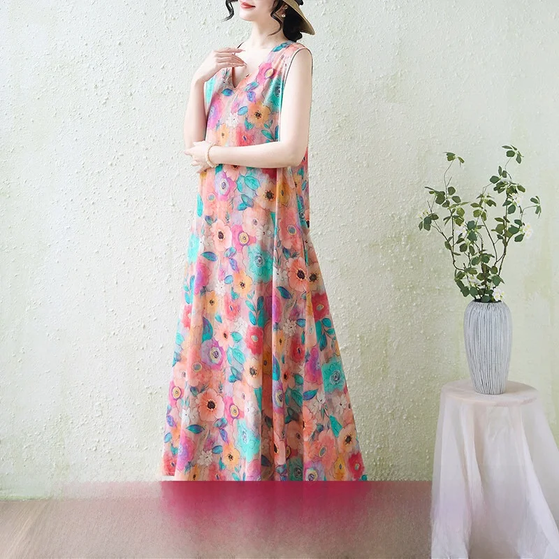 

Summer New Style Large Size Loose Comfortable V-Neck Cotton Linen Print Dress Long Vest Dress Casual A-Line Skirt