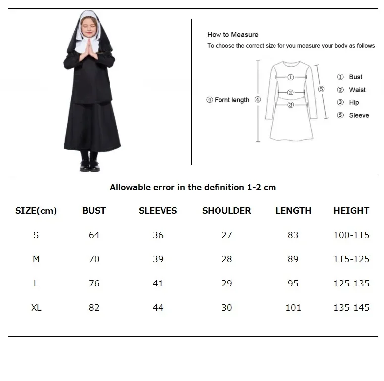 Halloween Girls Nun Costume Black Hooded Shawl Robe Church Missionary Nun Cosplay Fancy Dress