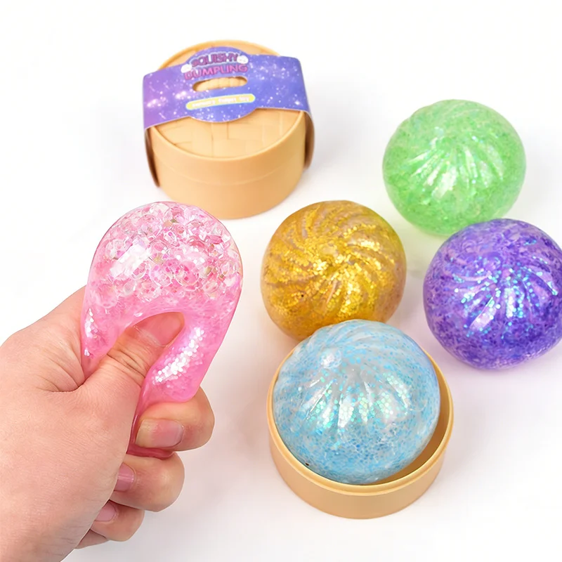 1/2pcs Simulation Dumpling Squeeze Toys Rebound Squishy Ball With Bamboo Steamer Box Stress Relief Toy Gift Random Color