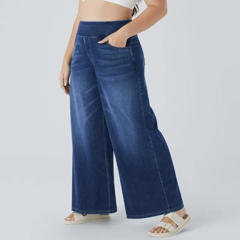 Jeans de mezclilla azules de cintura alta para mujer de talla grande, pantalones de pierna recta, pantalones de mezclilla de pierna ancha, cintura elástica, tiro medio, longitud completa, casual
