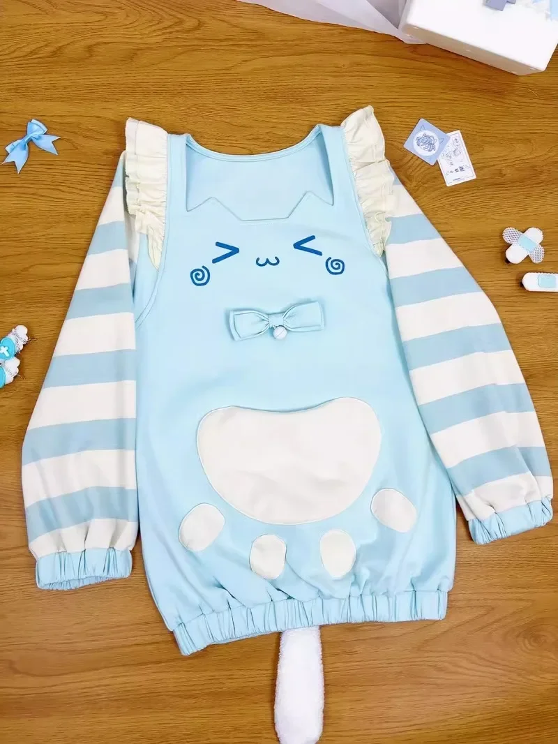 Japońska bluza z kocimi uszami, wszechstronna, słodka, urocza talia, bluzy z długimi rękawami 2024, jesienno-zimowa estetyczna odzież damska