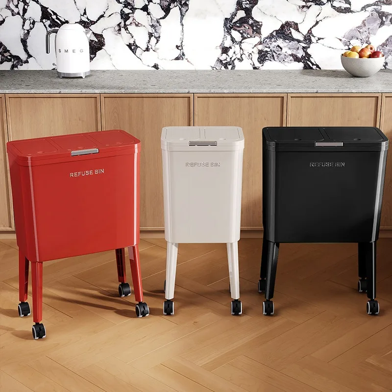 

2025 New Creative Kitchen Trash Can No Bending Push Open Lid Slim Tall Mobile Food Waste Bin Narrow Space Saving Trash Can