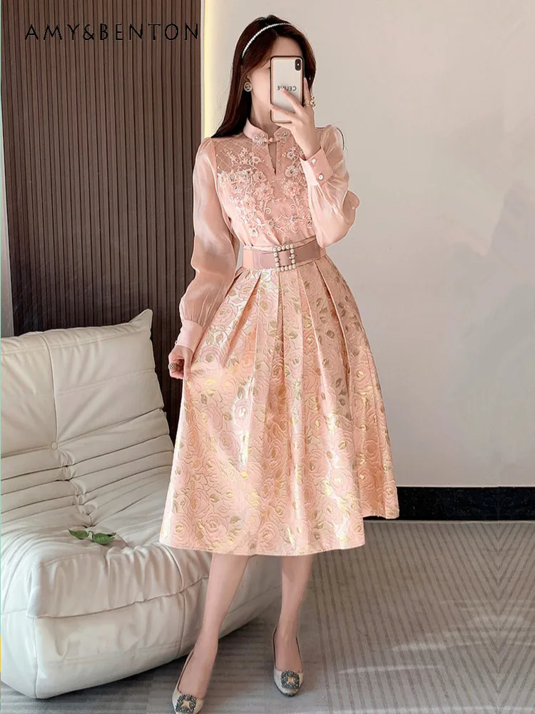 

High Sense Elegant Graceful Skirt Sets Light Luxury Socialite Temperament Beaded Embroider Blouse Jacquard Skirt Two-Piece Sets