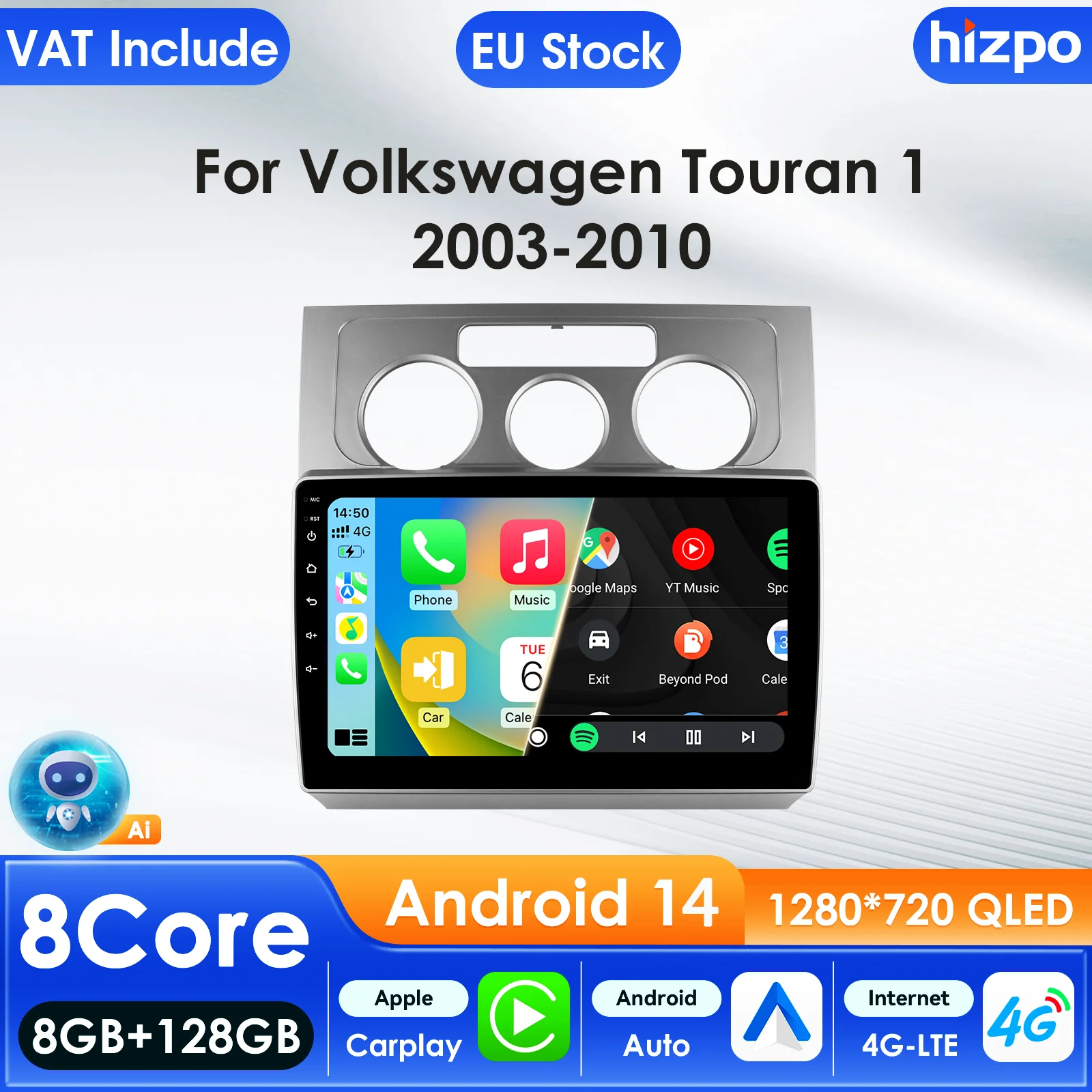 Hizpo Android 14 Autoradio 360°-Kamera Multimedia-Player für Volkswagen Touran 1 2003-2010 GPS Carplay 4G KI-Intelligenter Bildschirm 10,1 Zoll Auto-Intelligentes Display QLED-Anzeige Automotive Head