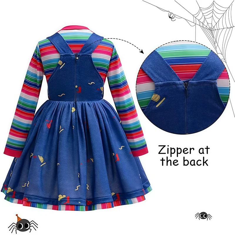 Creepy Ghost Chucky Costume Kids Girls Rainbow Striped Princess Dress For Child Killer Doll Halloween Role-Play Carnival Outfits
