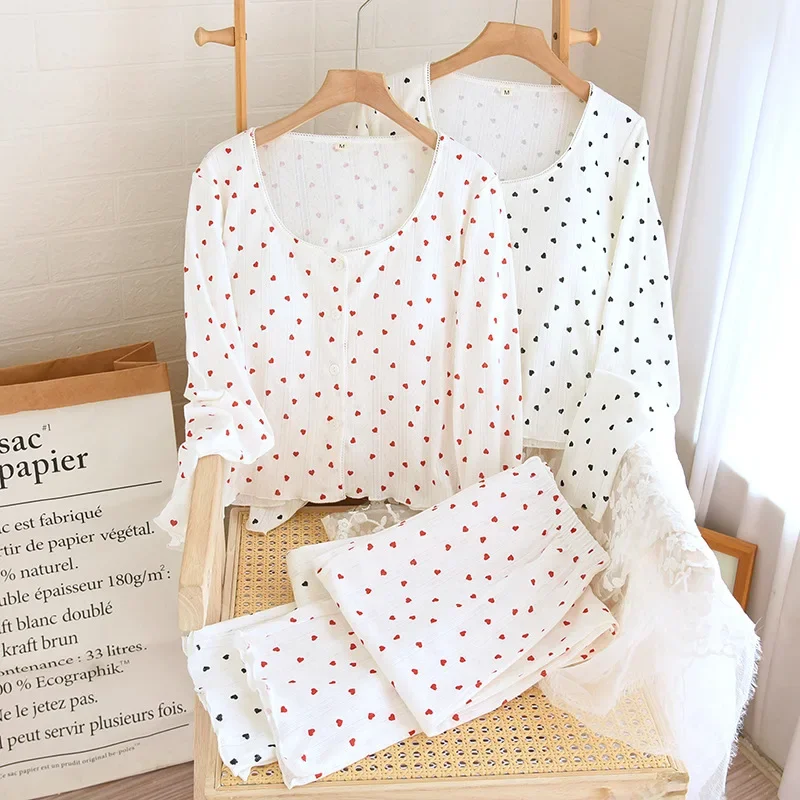 

Spring and Autumn Cotton Home Clothes Women's Cute and Sweet Cardigan Long Sleeve Tops with Long Pants Thin Pajamas Set