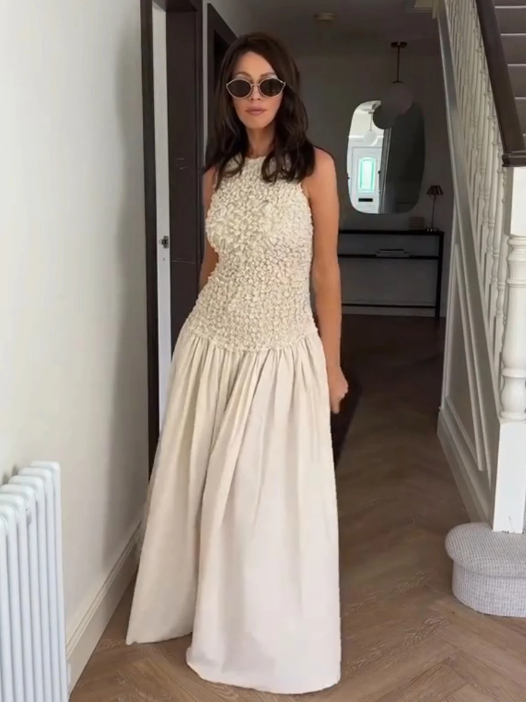 

Sleeveless Pleated Maxi Dress Women Summer 2025 Patchwork Back zipper Slim Dresses Female Elegant Evening Party Long Dress