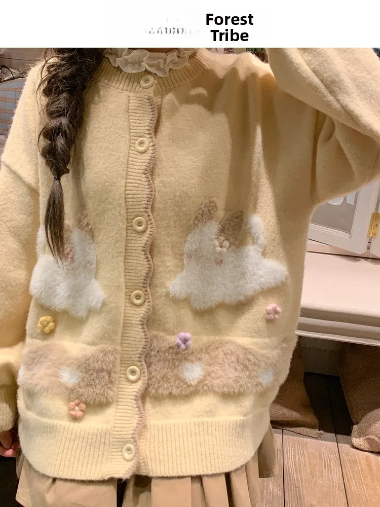 

Sweet Sle Knitted Open Cardigan Women's Loose Long Sve Cute Cartoon Embroidery Sweater Autumn Winter Casual Faion