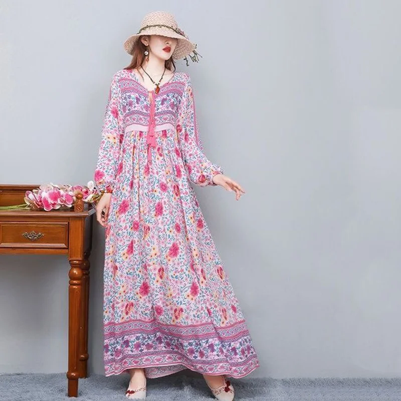 2026 Sommer Bohemian Damen Maxikleid Lässiges Langarm-Kleid mit Hoher Taille Strand Baumwolle Bedruckte Kleider Lose Vestidos Mujer Neu