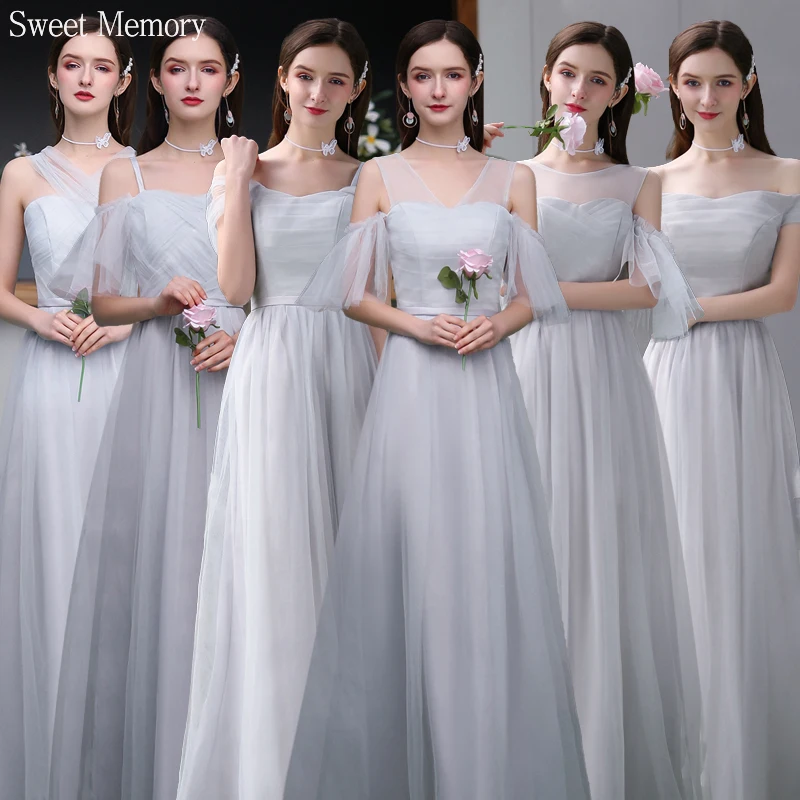 

M6975 Light Gray Bridesmaid Dresses Bride Guest Gown Women Girl Graduation Robe Prom Gown Tulle Mesh Net Wedding Party Dress