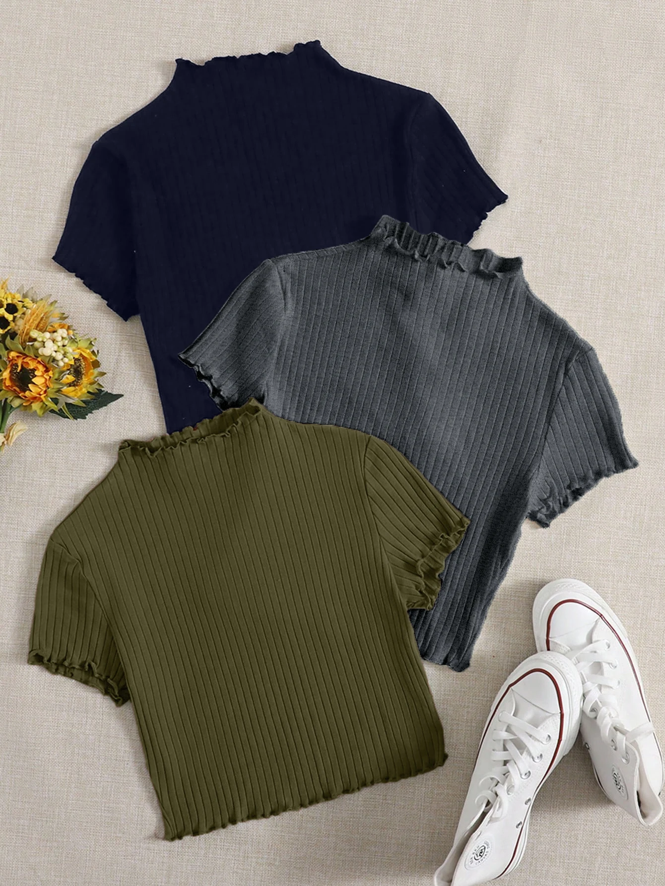 

Pure color casual unbuttoned T-shirts for spring, summer and autumn (three-piece set) for Europe and America