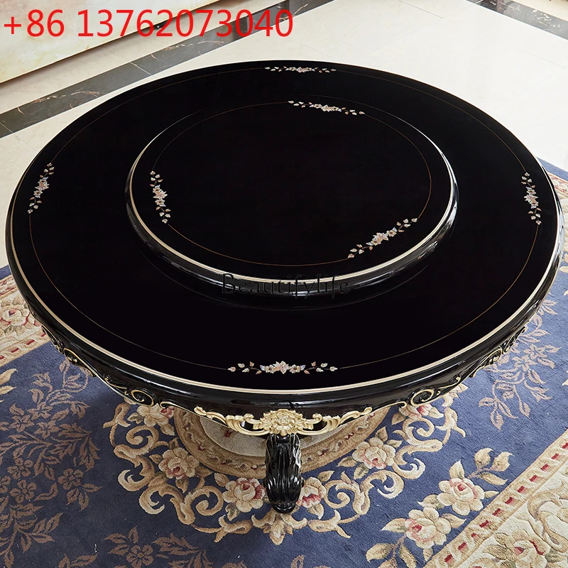 

European dining table All solid wood round table with turntable Household light luxury round dining table