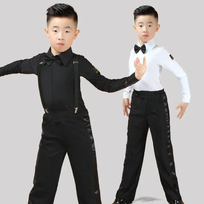 Traje latino para niños y adultos, camisa, pantalones, corbata, trajes de baile latino blancos para niños, traje de 3 piezas, salón de baile moderno, Tango, Rumba