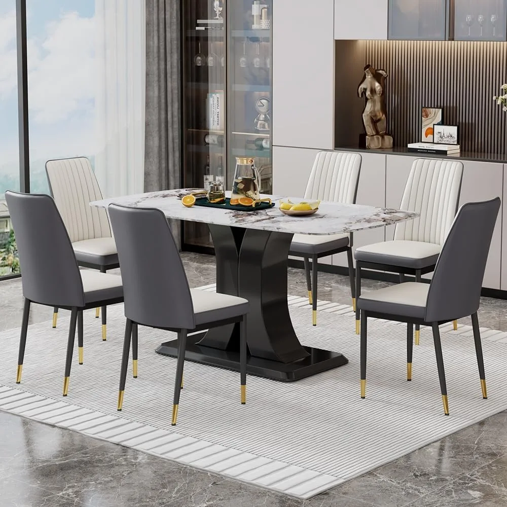 7 Piece Dining Table, Rectangular Kitchen Table with 6 Pu Leather Upholstered Chair for Dining Room，Marble Table Chair Set for 6