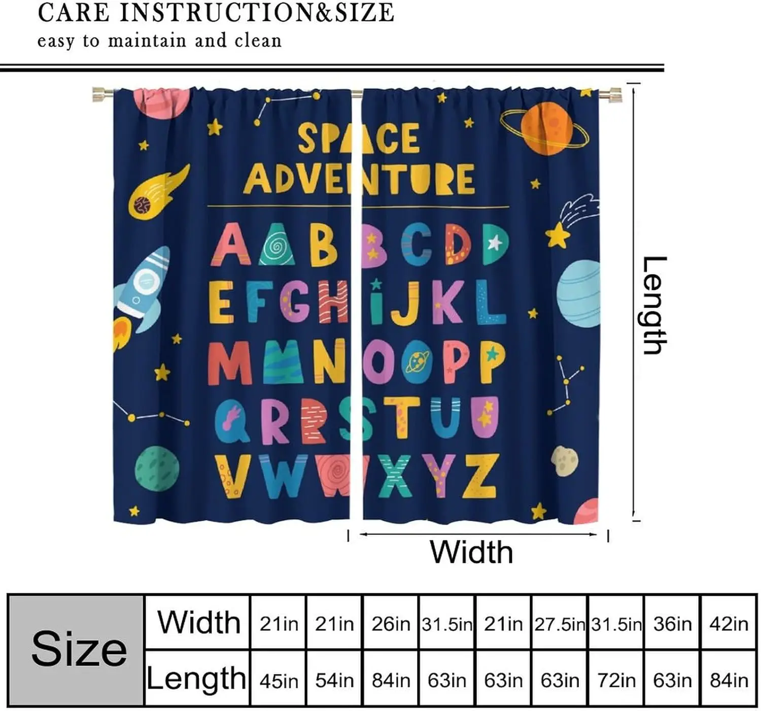 Kid ABC Curtains, Cute Cosmic Starry Sky ABC Alphabet Learning Educational Colorful Pattern Animals Funny Teaching Words Window