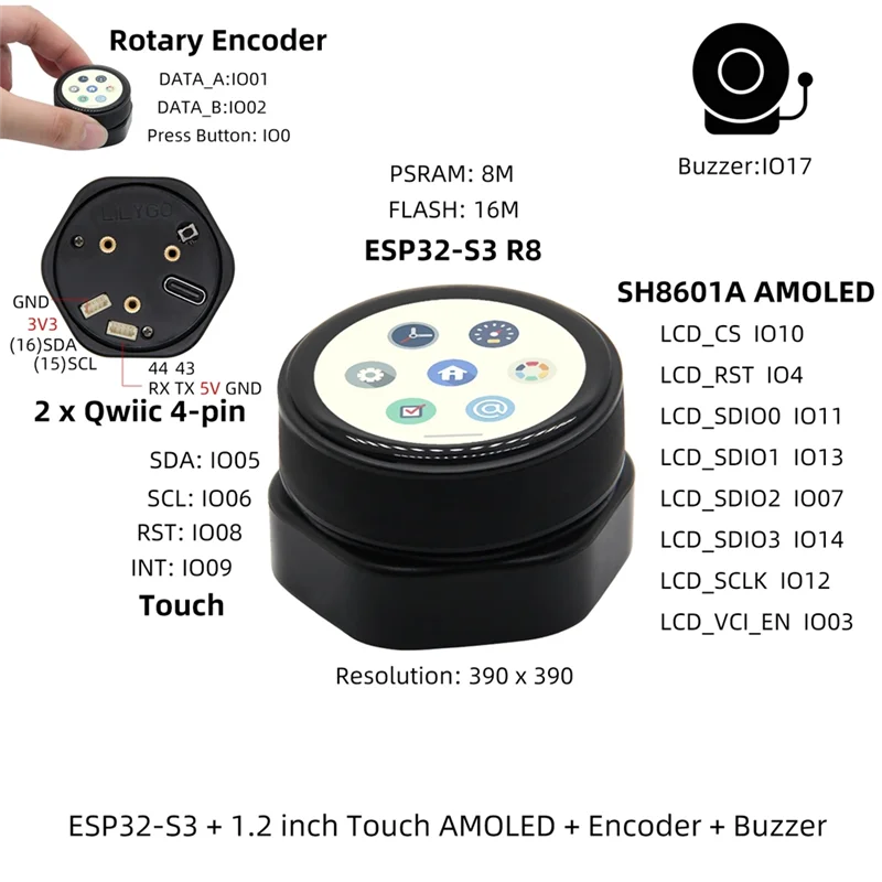 T-Encoder-Pro ESP32-S3 Obrotowy enkoder CHSC5816 ESP32-S3FN4R2 Płytka drukowana 1,2-calowy dotykowy wyświetlacz AMOLED Moduł bezprzewodowy-X62A