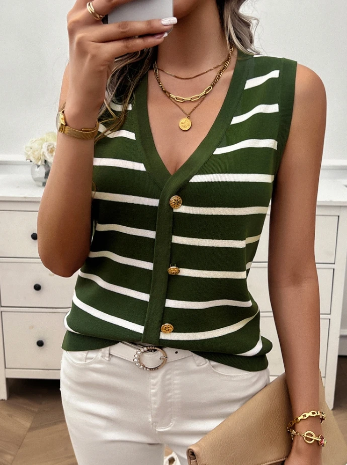 Women's Casual V-Neck Contrasting Striped Sweater, Women's New Sleeveless Knitted Cardigan Can Be Worn Inside The Top