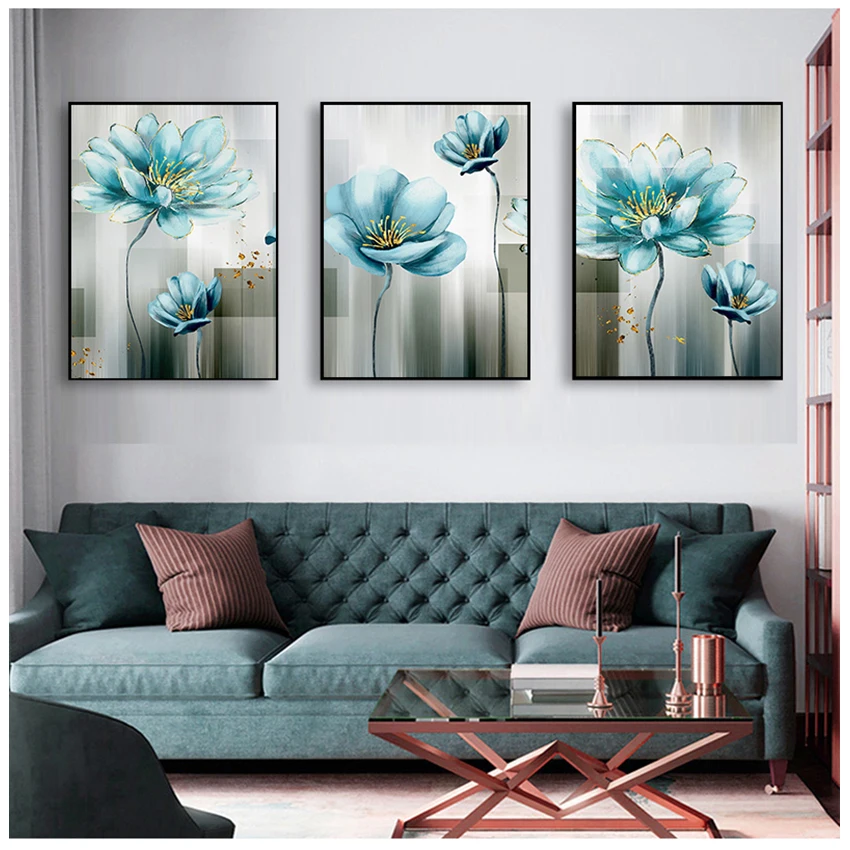 for Living Room Gold Print Cuadros Salon Decoracio Abstract Blue Flower Canvas Painting Modern baby blue Wall Art Picture
