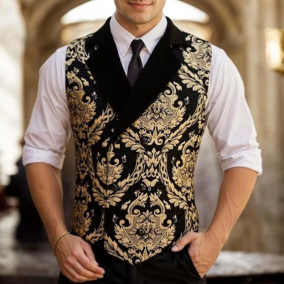 Men Retro Victorian Steampunk Sleeveless Jacquard Vest, Lapel Collar Waistcoat for Wedding Banquet Party Cosplay & Daily Wear