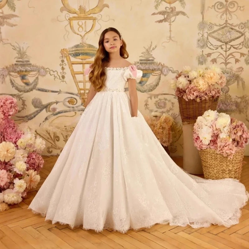 Kids Girls White Formal Dress Clothes Flower Girl Red Bow Lace Birthday Performance Runway Tutu Pageant Gown Children Costume