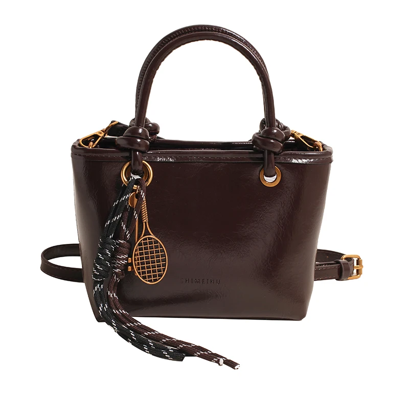 Fashion Retro Textured Leather Women's Tote Bags with Tennis Charm Trendy Shoulder Bags Hot Sale Brown Satchel Youth Handbags view 6