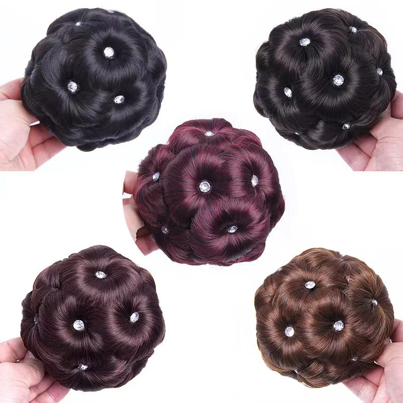 Synthetic Hair Bun Bud Hair Clips With Diamond Colorful Shiny For Women Ponytail Claw Clip Lifelike Hairpiece Styling Tools