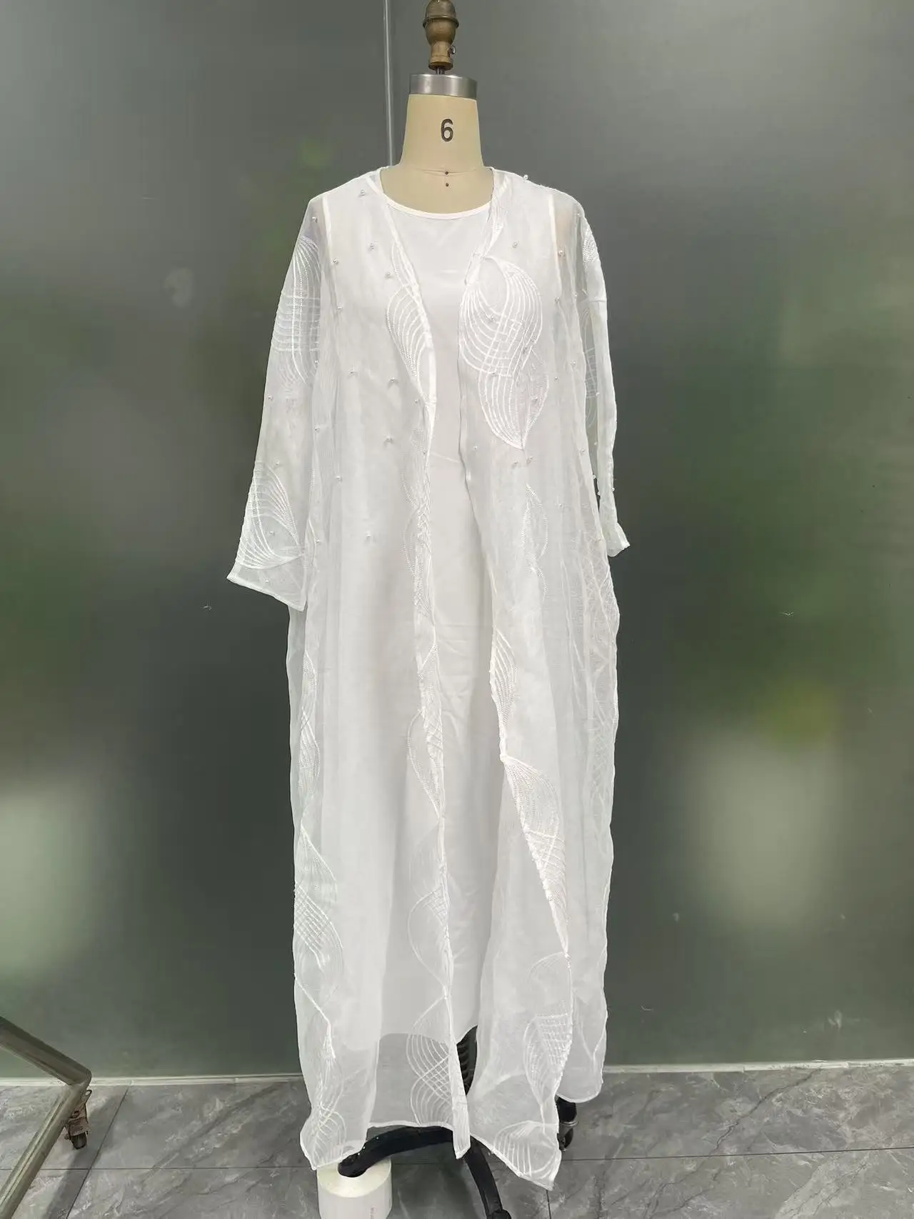 Eid 2-delige set moslim vrouwen witte kralen kimono abaya jurk dubai kaftan Turkije Kebaya islam Jalabiya kaftan Marocain femme gewaad