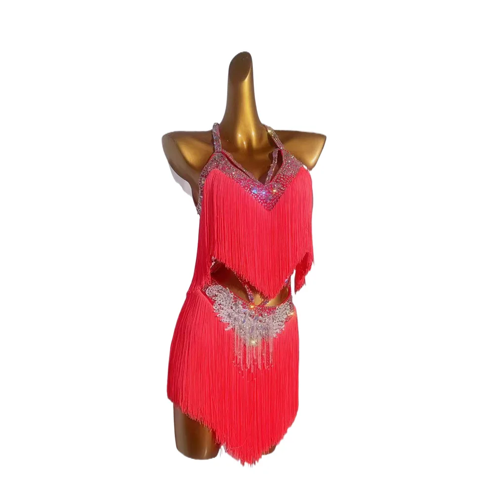 Latin Dance Stage Performance Special Grade Clothing High-end Custom Red Tassel With Rhinestone Samba Rumba Style Women's Dress