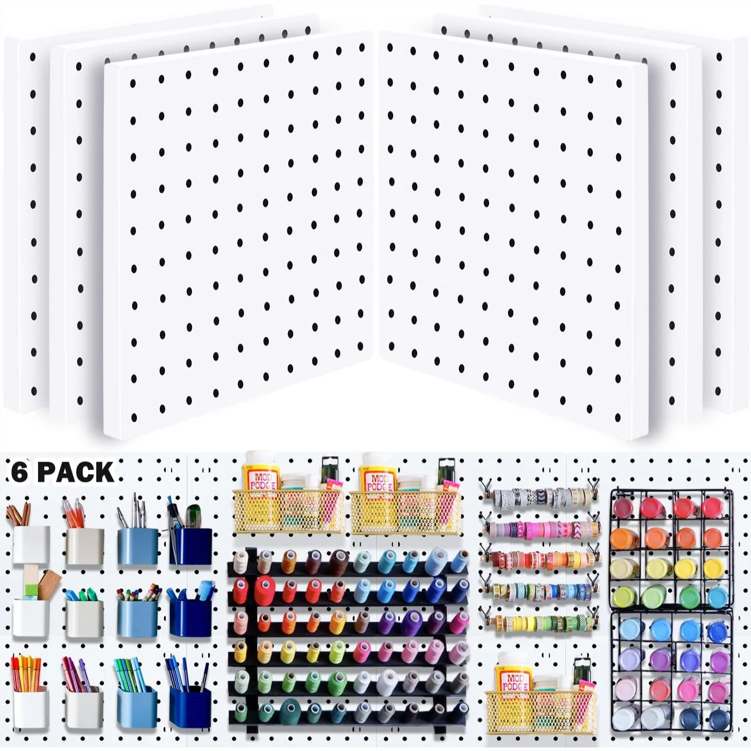 

6-Piece Pegboard Wall Organizer Panels for Kitchen Garage Workshop, Small Pegboard Kits with Universal 1/8 and 1/4 Accessories