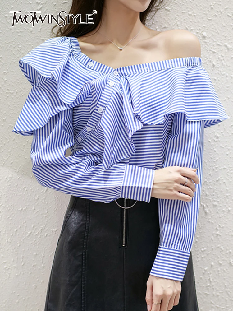 

TWOTWINSTYLE Striped Casual Shirt For Women V Neck Long Sleeve Patchwork Button Through Shirts Female Fashion New Clothing 2022