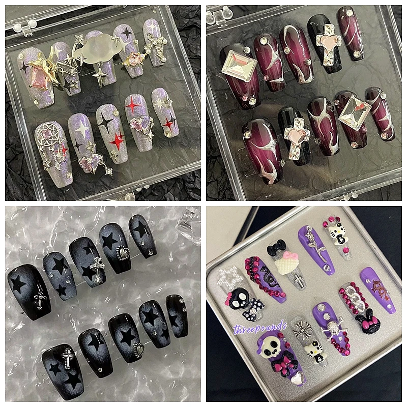 Hello Kitty Y2K Star Handmade Hot Girl Long Coffin Fake Nails With Glue Short False Nails Kuromi Full Cover Nail Tips Anime Gift