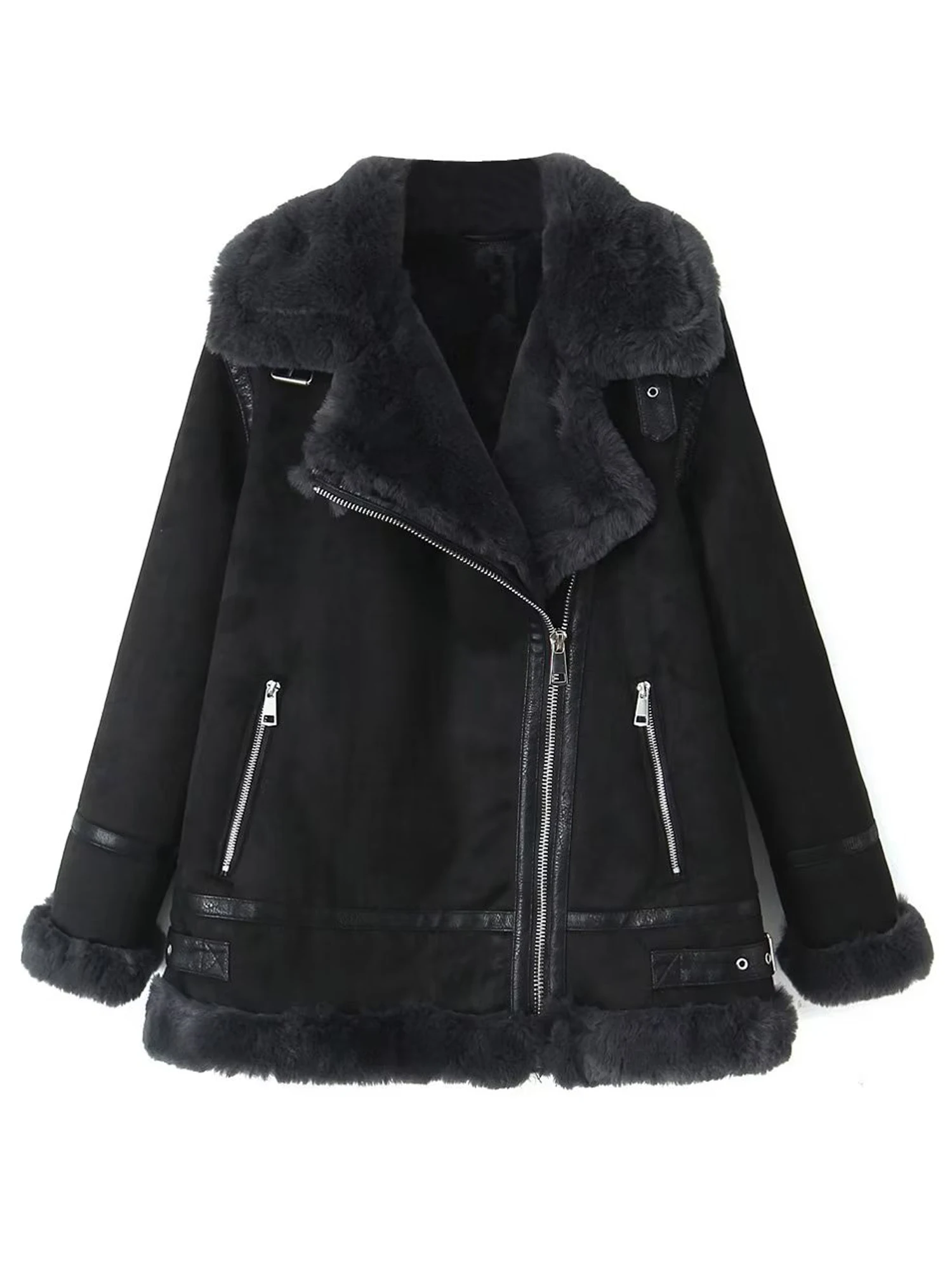 Winter Faux Fur Women Sheepskin Waistcoat Jacket Chic Lady Moto Biker Leather Jacket Fleece Warm Coat Woman Leather jacket