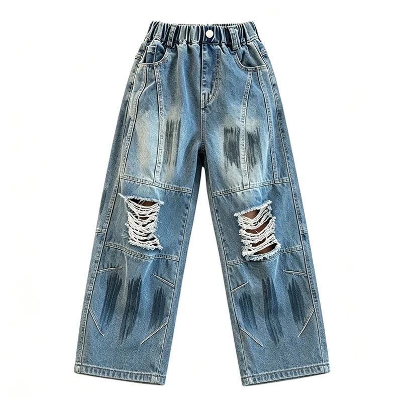 American Style Girls Street Wear Jeans with Broken Holes Hiphop Design Jazz Denim Pants Kids Child Straight Fit Ripped Trousers