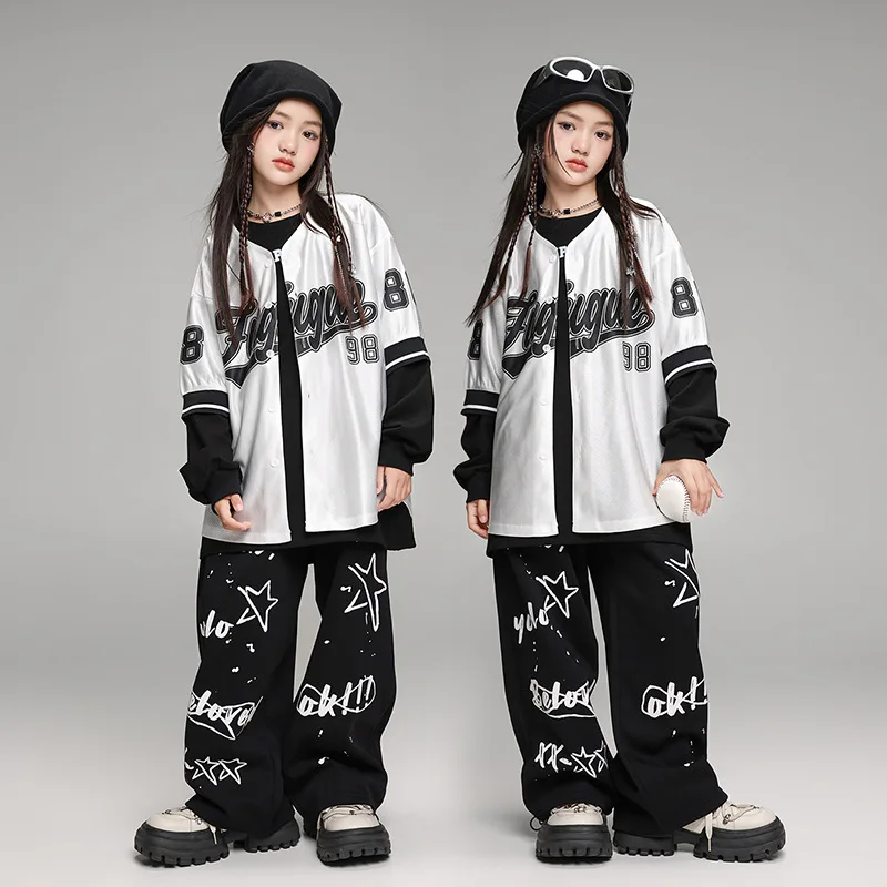 

Girls Jazz Street Dance Costumes Childrens Silver Baseball Jersey Black Printed Casual Pants Set Boys Streetwear Stage Outfits