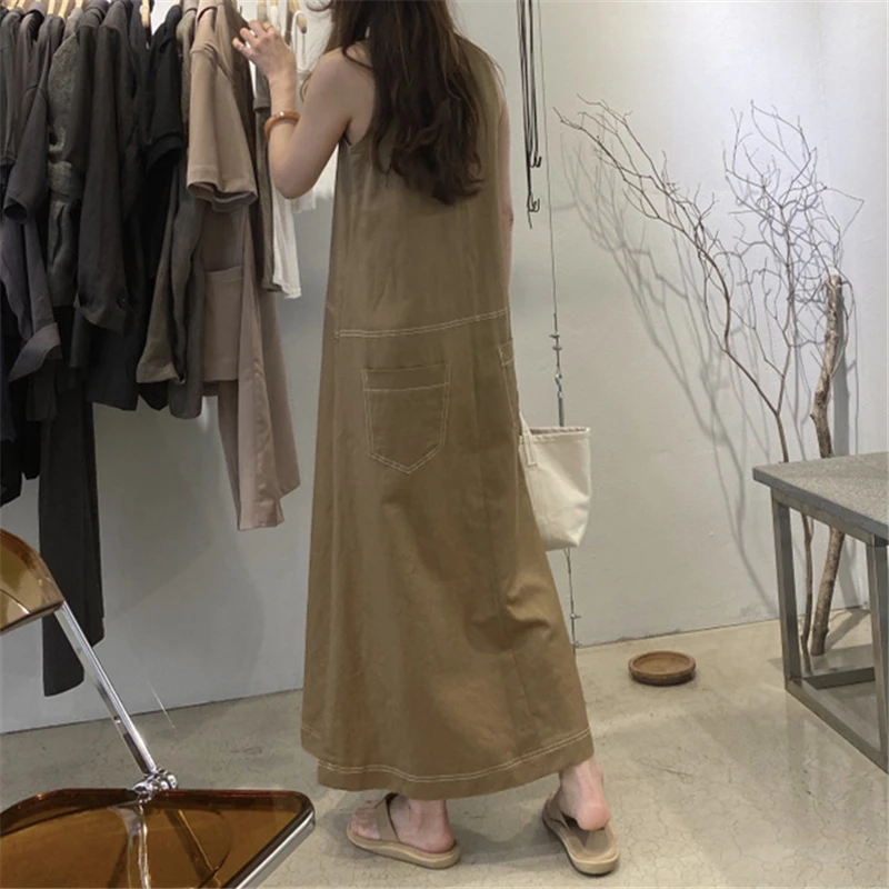 REALEFT Summer Cotton Linen Tank Long Dresses for Women 2025 New High Waist O-Neck Sleeveless Straight Korean Dresses Female