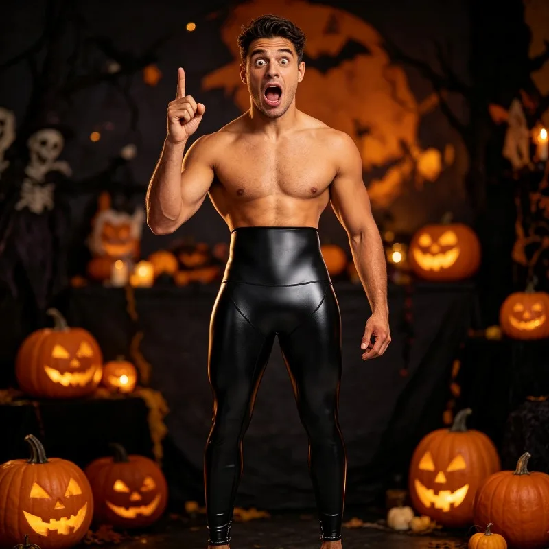 Men's Compression Pu Leather Leggings High Waist Body Shaper Waist Trainer Pants Atmosphere-creating Props for Family Gatherings