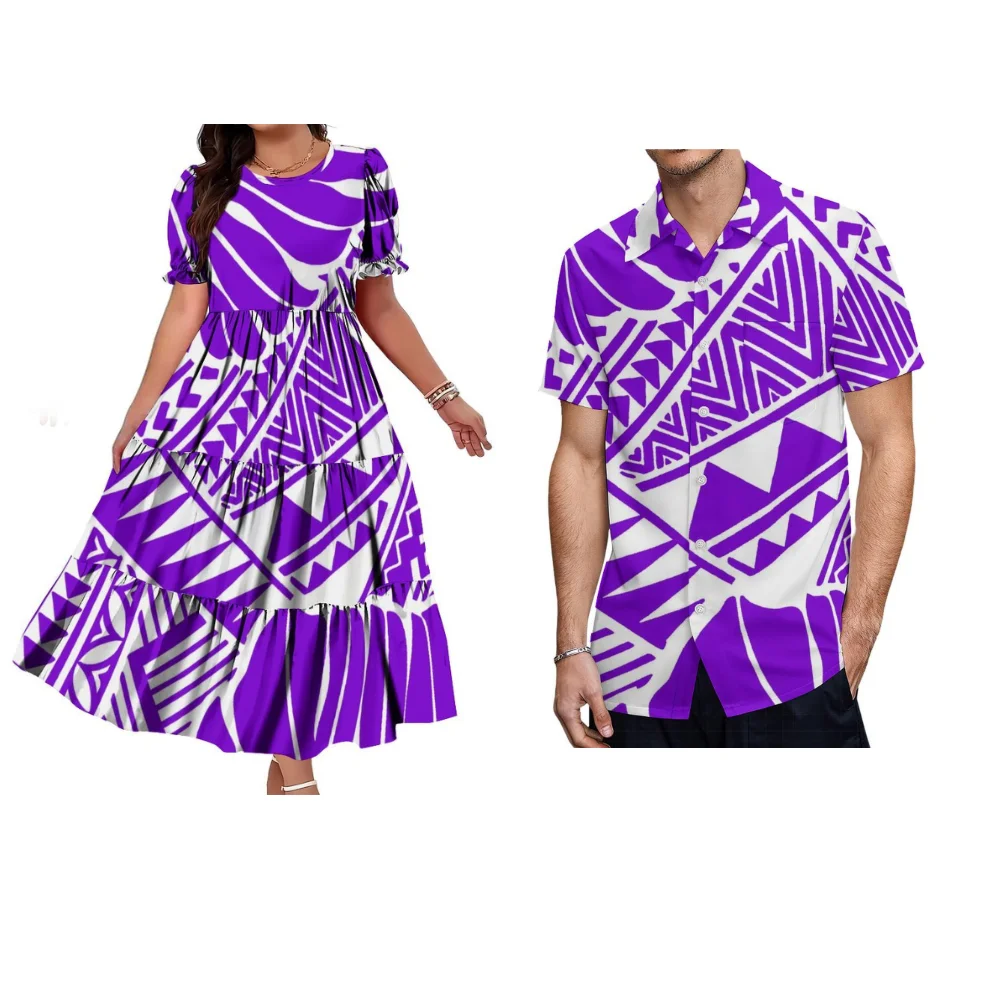 

Summer Polynesian Custom Couple Outfits Round-Neck Short-Sleeved Long Women'S Dress Layered Cake Dress Casual Men'S Shirt