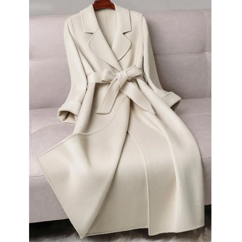 

New Solid Double Sided 100%Wool Coat Women Long Korean Fashion Slim Beige Elegant Winter Jacket