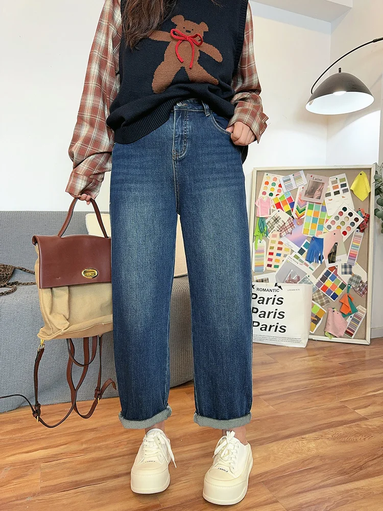 

Женские джинсы-шаровары с высокой талией, эластичным V-образным подолом и оборками, из хлопка, стрейч, осень 2025