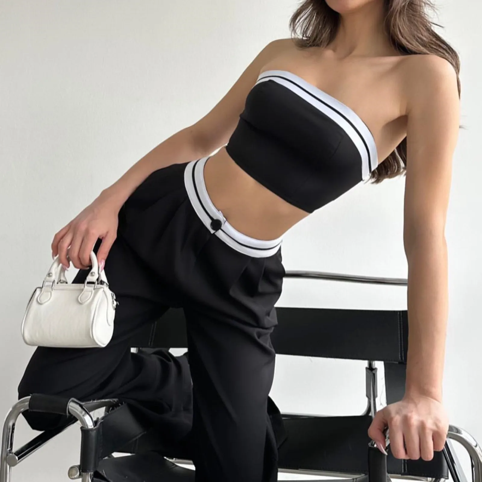 Women Y2k Tops Pant Sets Sporty Crop Bralette And Contrasting Color High Waisted Wide Leg Trousers Matching Sets Tracksuit