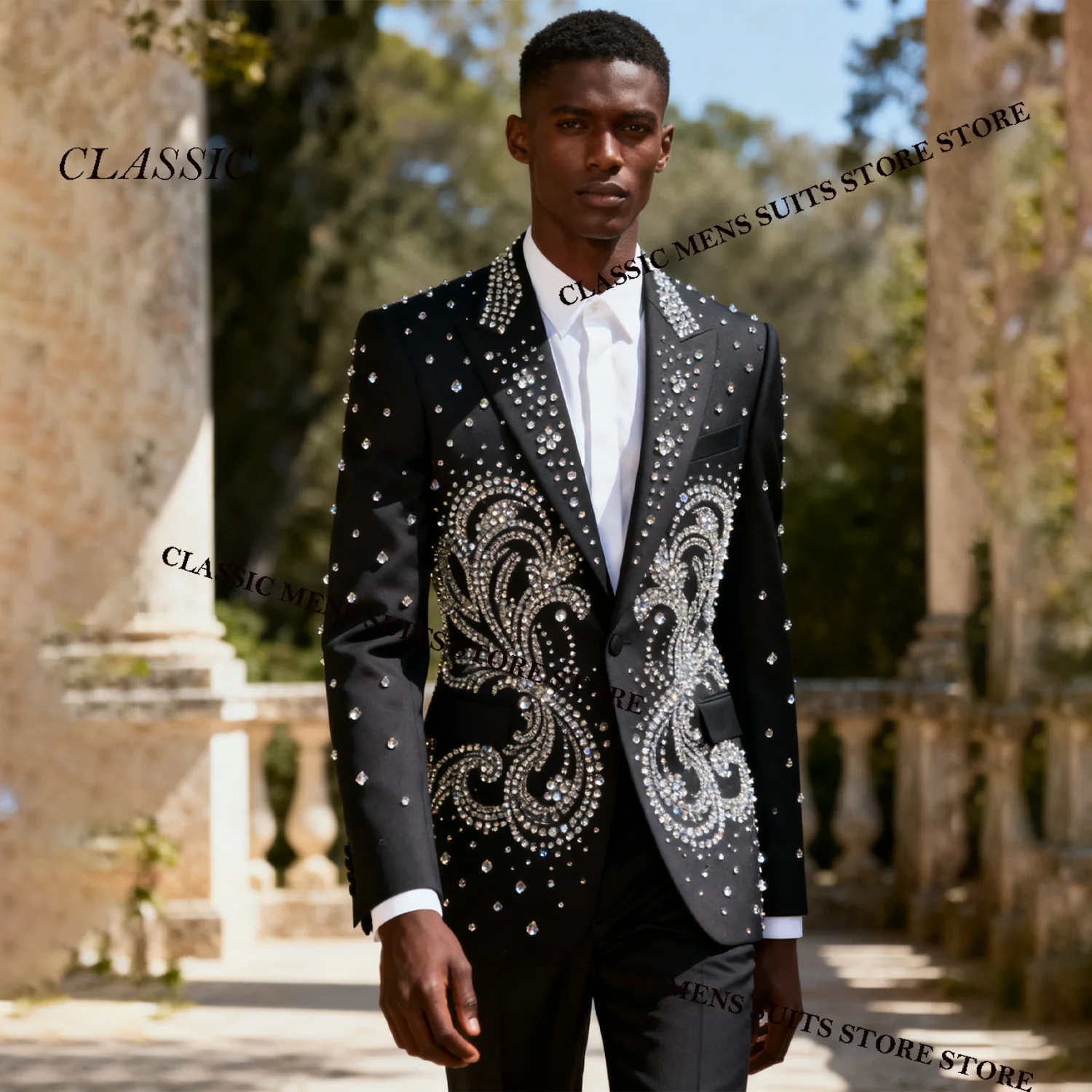 

Customized Elegant Tuxedos Men Suits Sparkling Diamond Decoration Peaked Lapel Groom 2 Pieces Set Wedding Male Prom Blazer suits