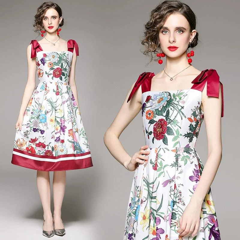 

Occident Elegant Colorful Floral Patchwork Women Summer Dresses Knee Length Tunni Big Swing Female Backless Camisoles Vestidos