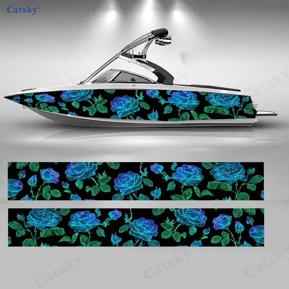 

2Pcs Blue Rose Floral Scroll Boat Sticker, PVC Waterproof Durable Vinyl Wrap Decals for Fishing Boat, Durable and Stylish Design